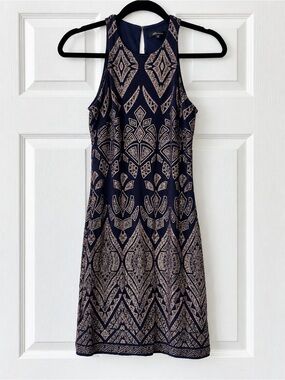 Vintage Jump Apparel S Navy Rose Gold Glitter Art Deco Stretch Mini Dress